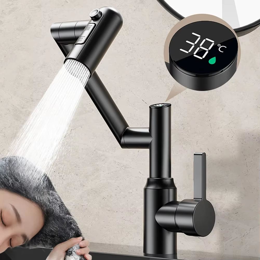 Digital Display LED Bathroom Faucet with 360° Rotation Multifunctional Stream Sprayer for Hot and Cold Water Mixing