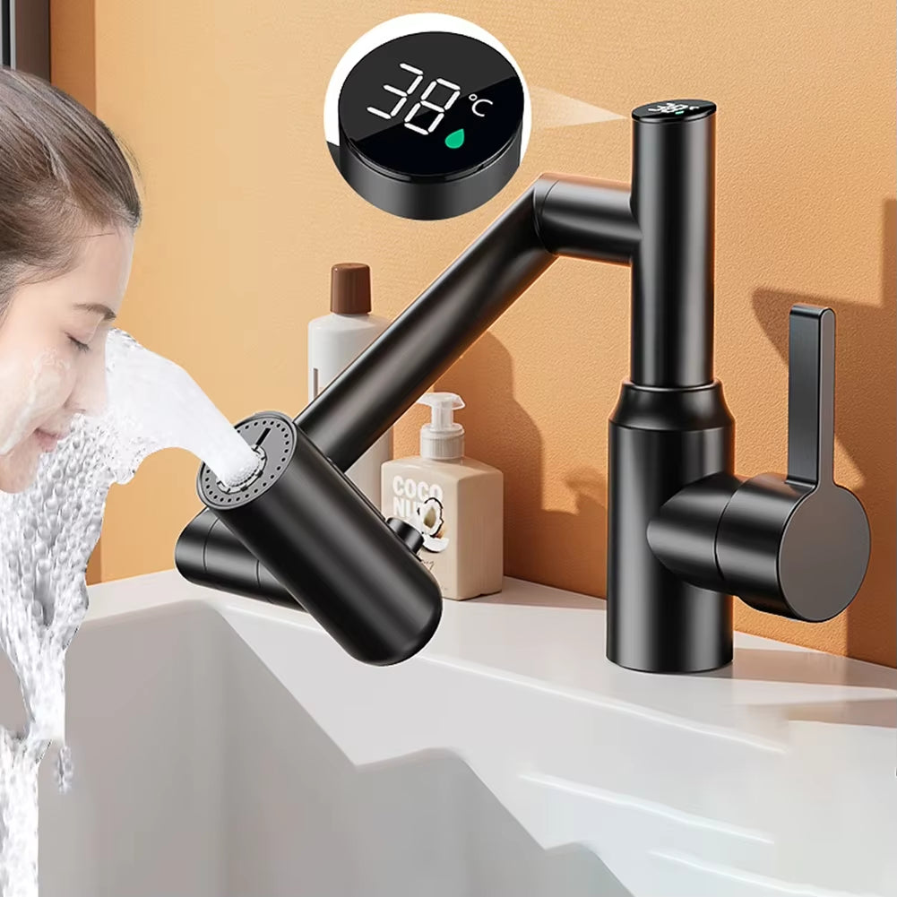 Digital Display LED Bathroom Faucet with 360° Rotation Multifunctional Stream Sprayer for Hot and Cold Water Mixing