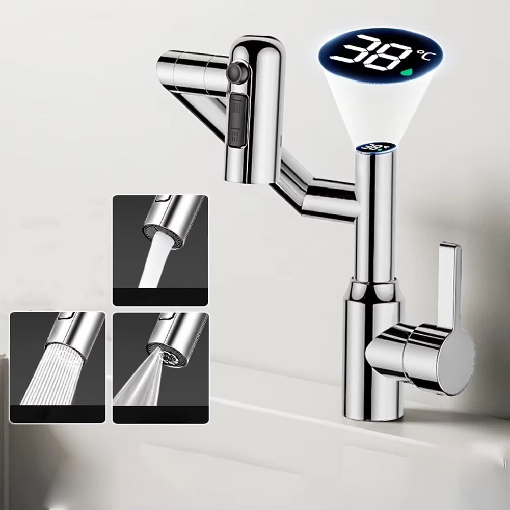Digital Display LED Bathroom Faucet with 360° Rotation Multifunctional Stream Sprayer for Hot and Cold Water Mixing