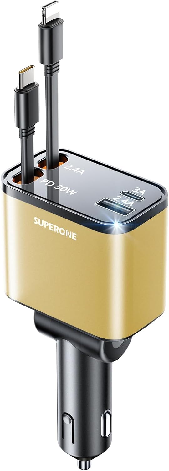 4-in-1 Retractable Fast Car Charger - 69W Compact USB C & iPhone Adapter for iPhone 15/15 Pro Max/14/13/12/11 & Samsung