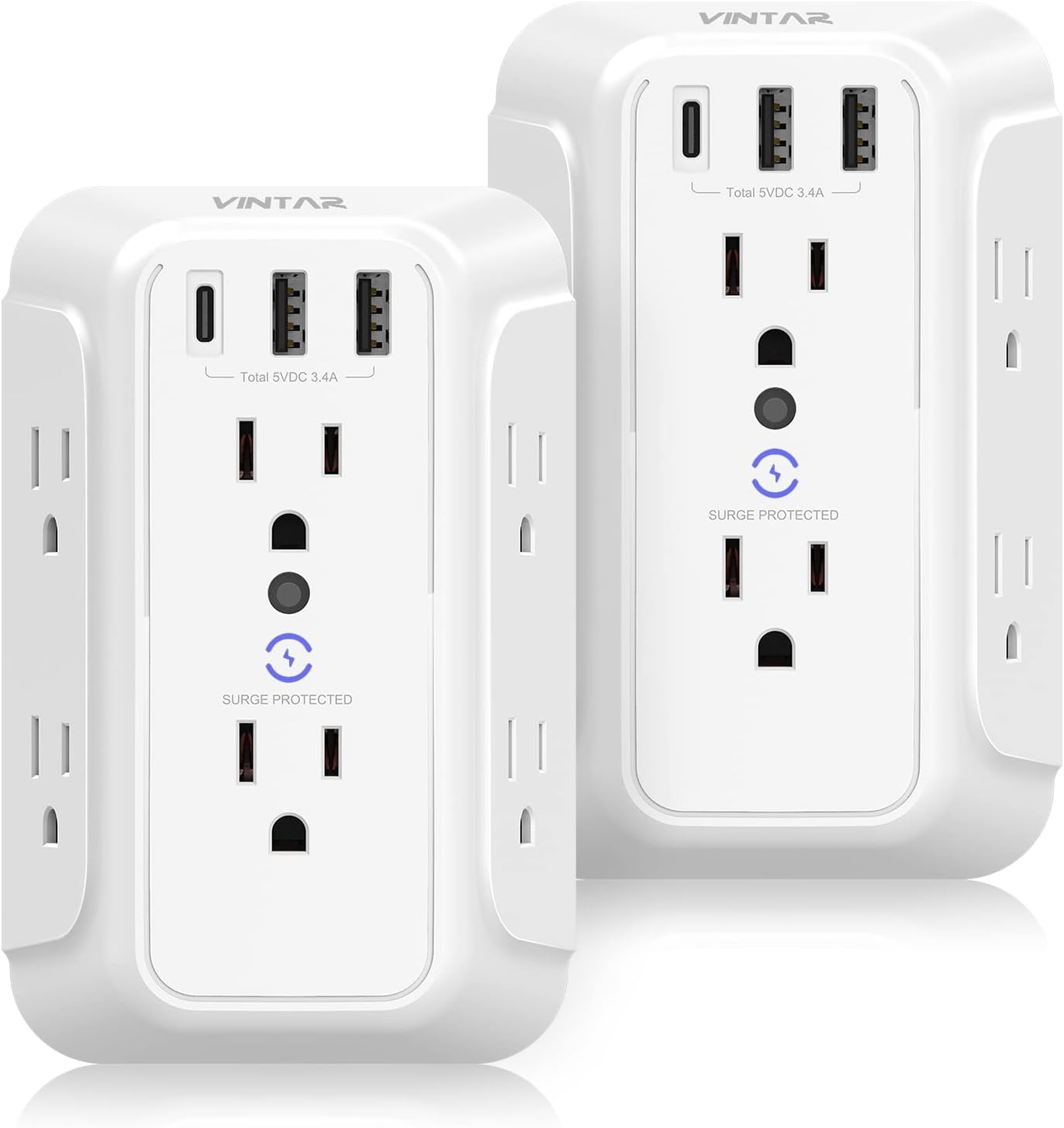Surge Protector Wall Charger with 6 Outlets & 3 USB Ports (1 USB-C, 3.4A) - 900J Power Strip for Home, Travel & Office - ETL Listed