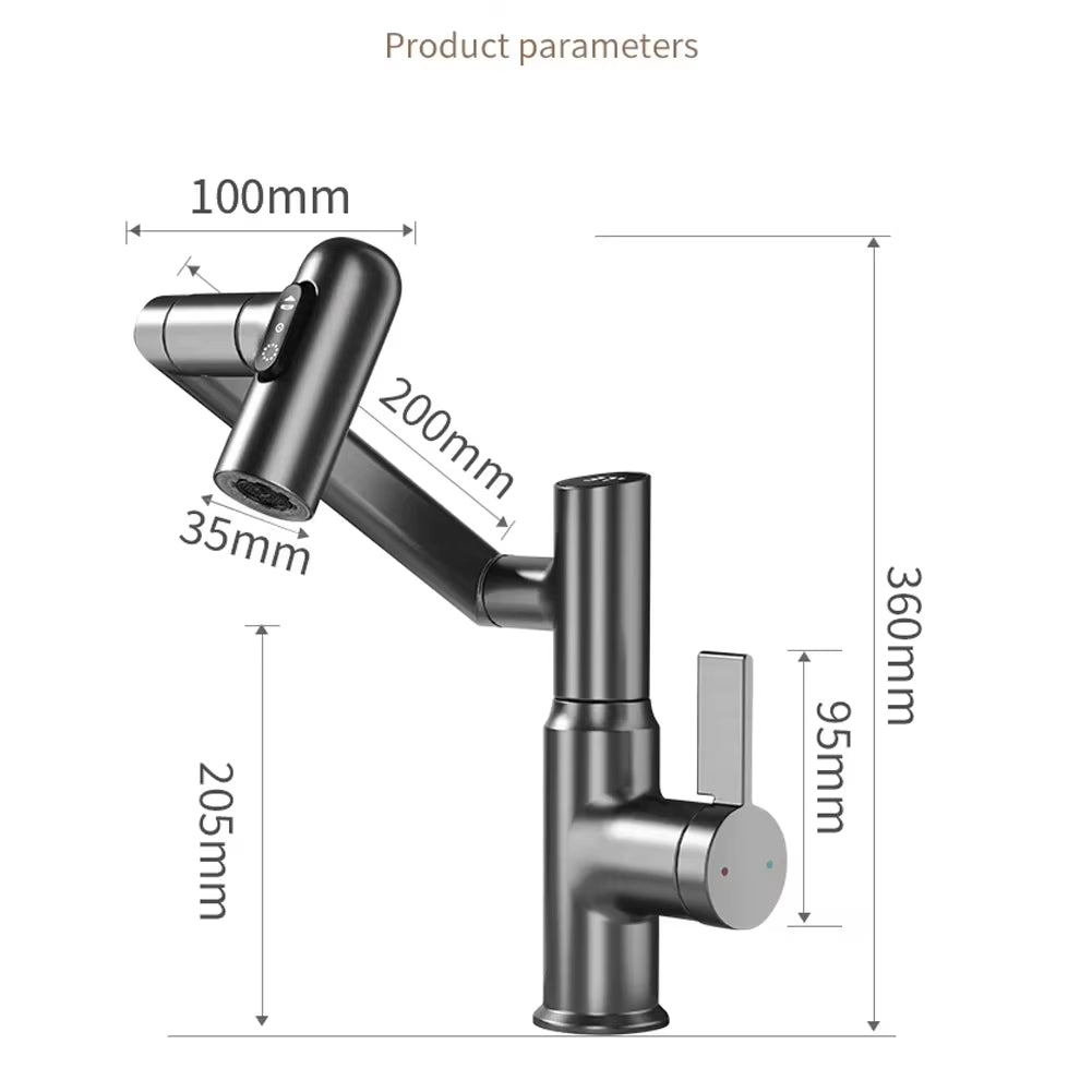 Digital Display LED Bathroom Faucet with 360° Rotation Multifunctional Stream Sprayer for Hot and Cold Water Mixing