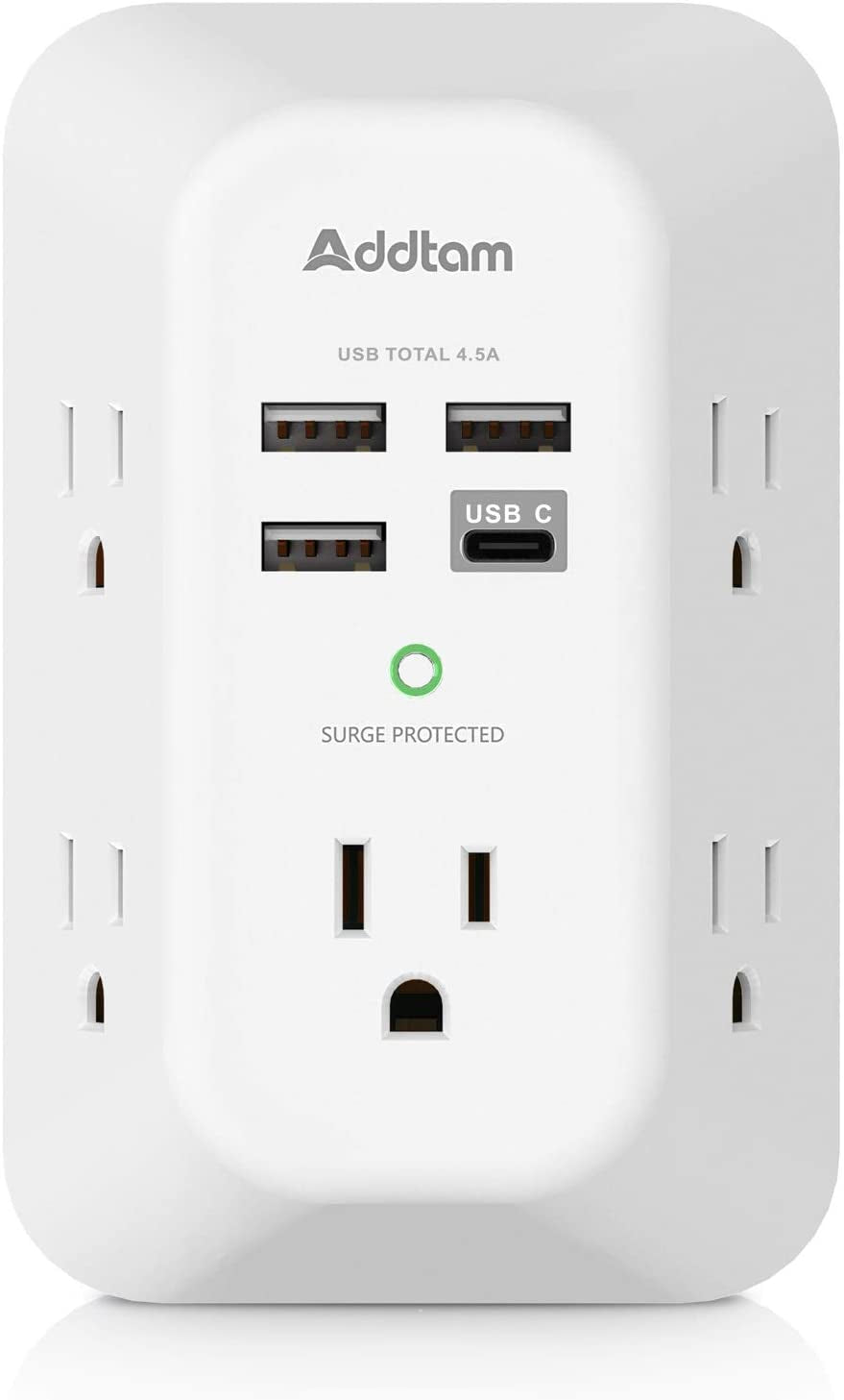 5-Outlet USB Wall Charger Surge Protector with 4 USB Ports (1 USB-C) - 3-Sided Power Strip for Home, Travel & Office - ETL Listed, 1800J Protection