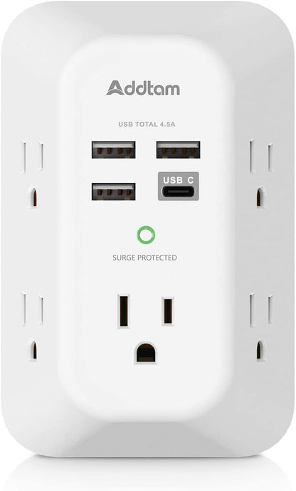 5-Outlet USB Wall Charger Surge Protector with 4 USB Ports (1 USB-C) - 3-Sided Power Strip for Home, Travel & Office - ETL Listed, 1800J Protection