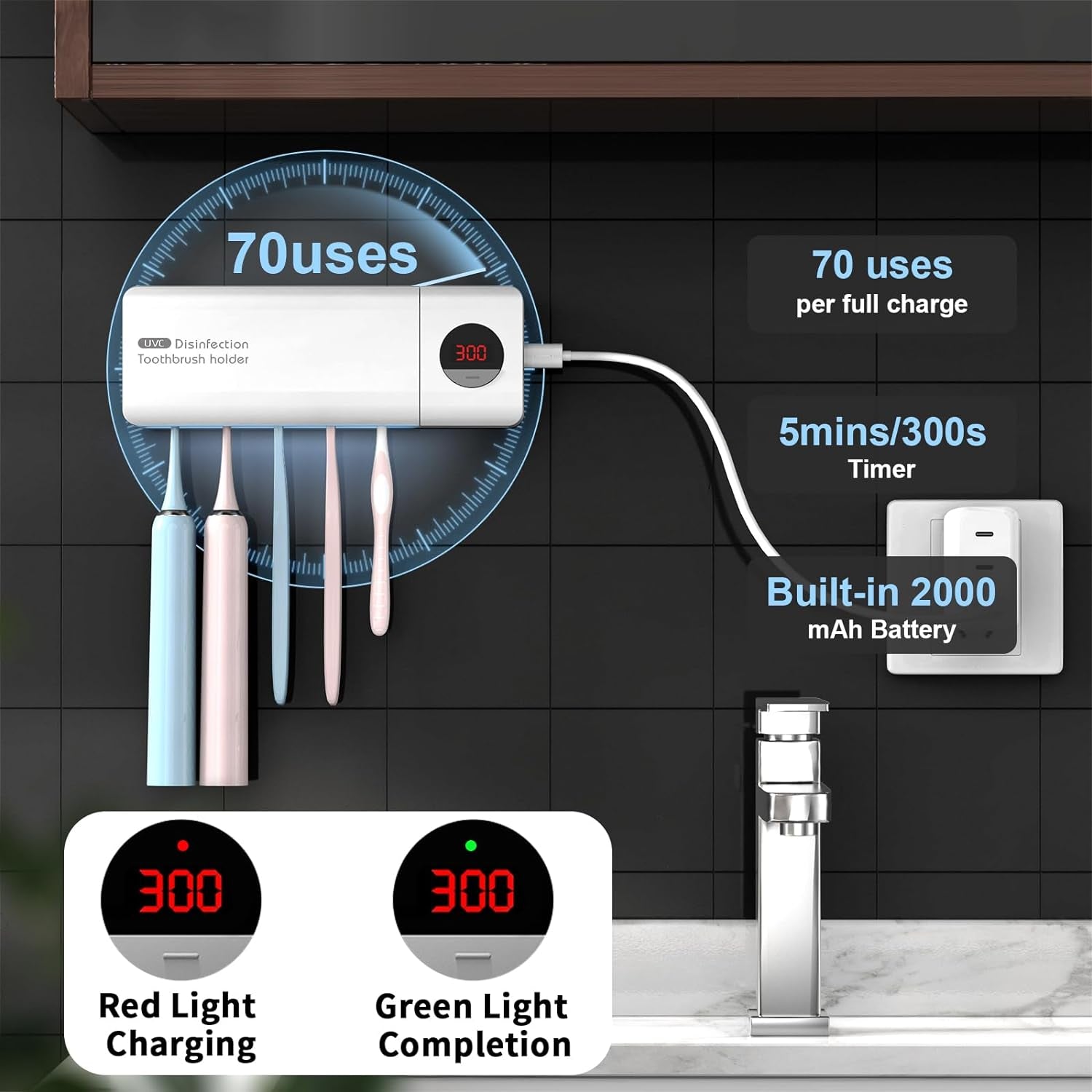 Rechargeable Toothbrush Holder with Timer Function - Wall-Mounted Bathroom Organizer