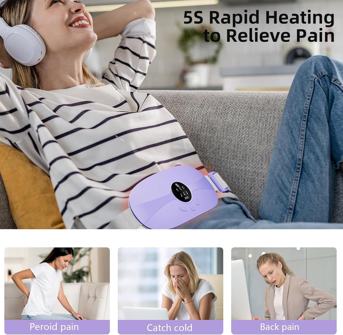 Cordless Heating Pad for Menstrual Cramps - 3 Heat Levels & Massage Modes, Rapid 5S Heating for Back & Belly Pain Relief - Perfect Gift for Women & Girls 