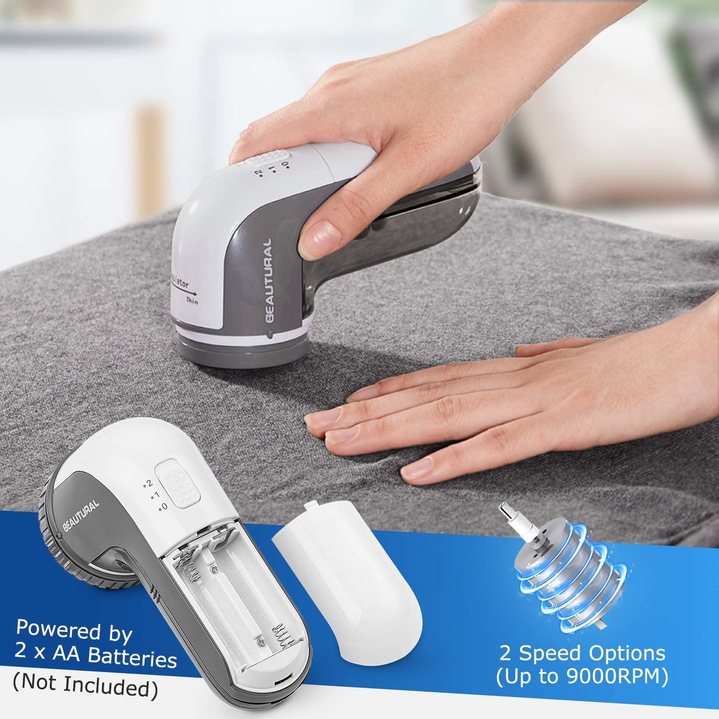 "Effortless Fabric Shaver & Lint Remover – Powerful 2-Speed Defuzzer with Replaceable Stainless Steel Blades – Battery Operated, Sleek Gray Design for Quick Fuzz, Lint, and Pill Removal!"