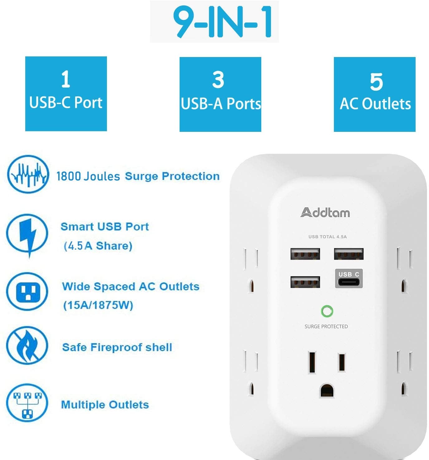 5-Outlet USB Wall Charger Surge Protector with 4 USB Ports (1 USB-C) - 3-Sided Power Strip for Home, Travel & Office - ETL Listed, 1800J Protection