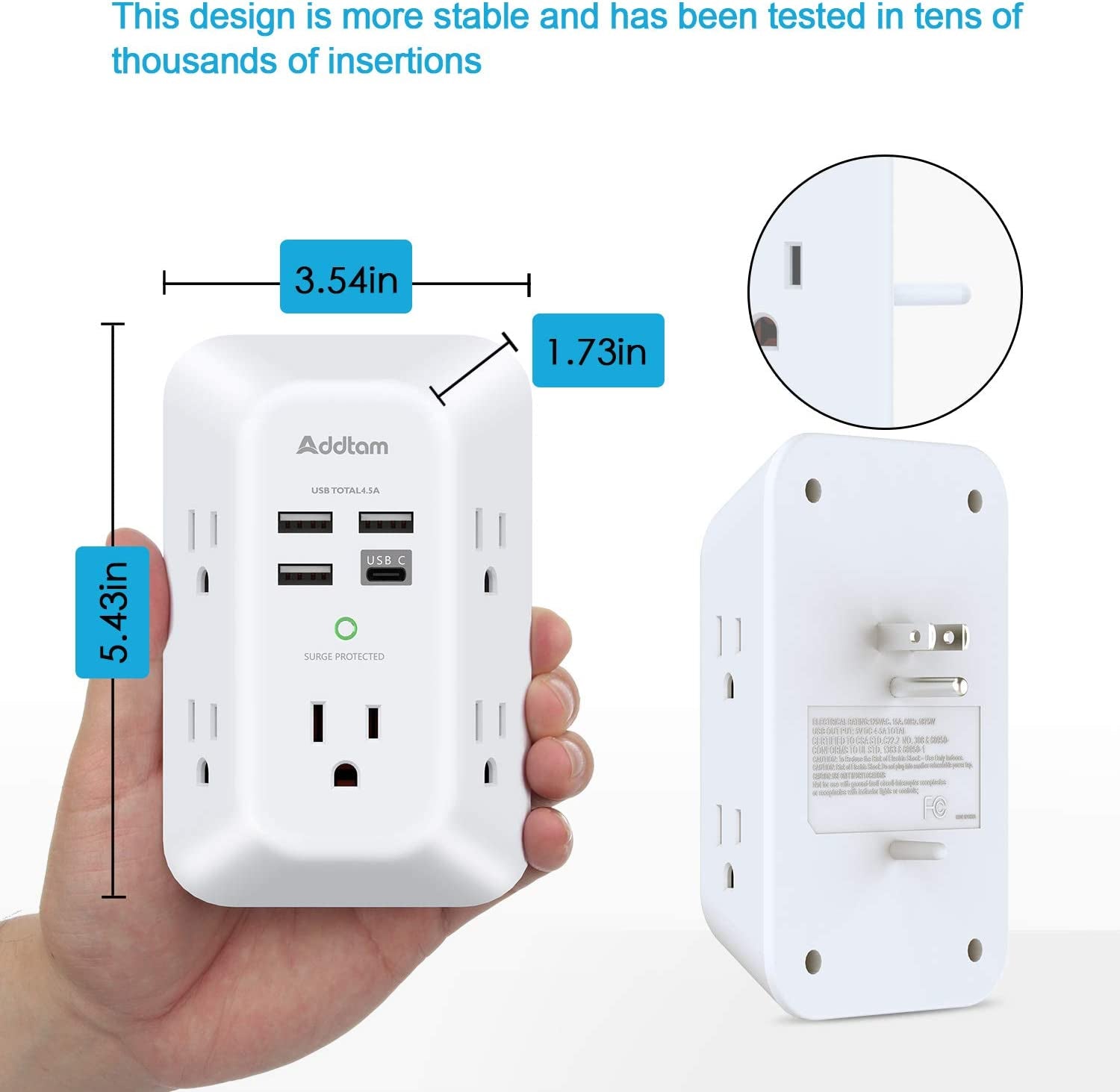 5-Outlet USB Wall Charger Surge Protector with 4 USB Ports (1 USB-C) - 3-Sided Power Strip for Home, Travel & Office - ETL Listed, 1800J Protection