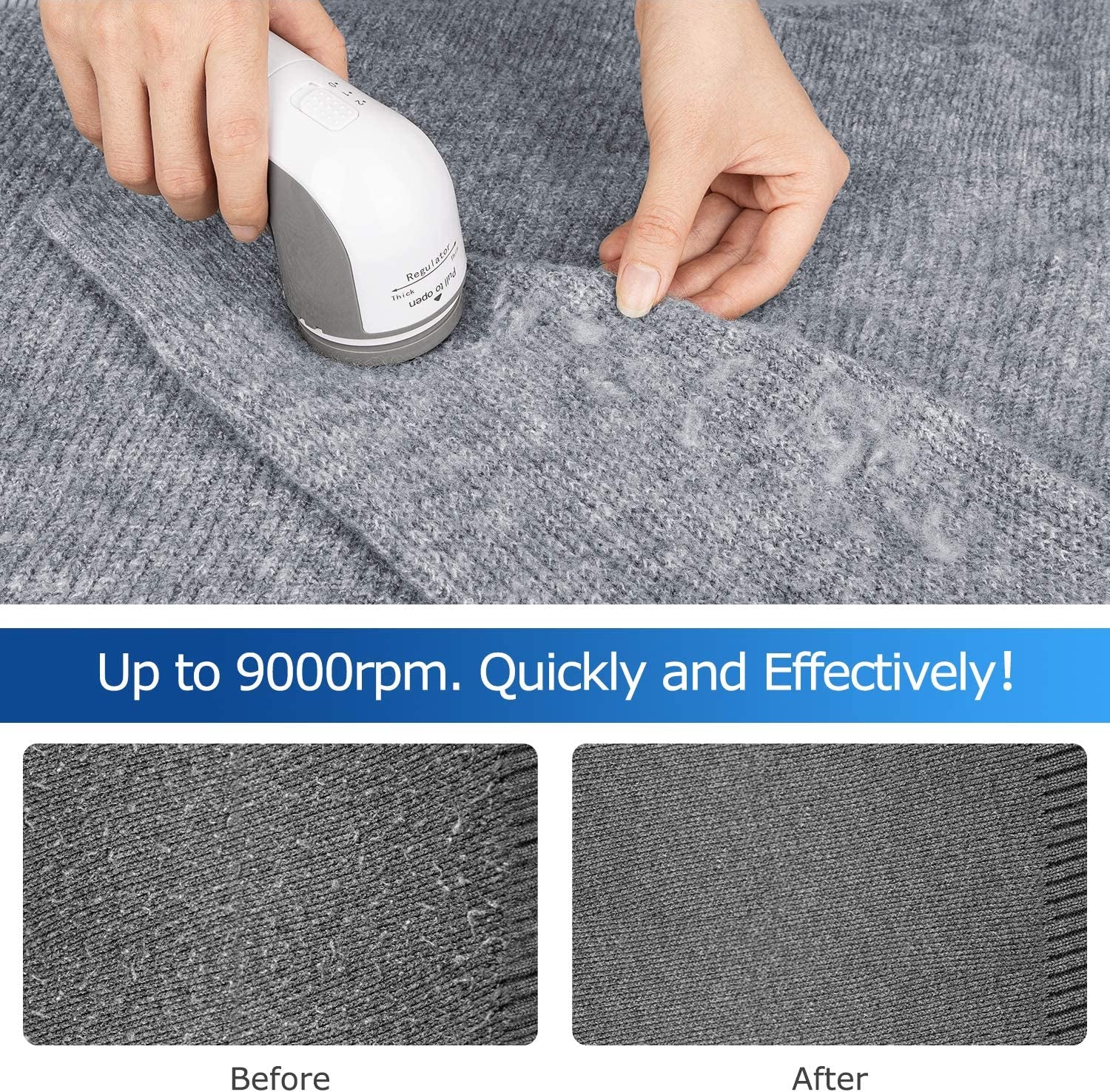 "Effortless Fabric Shaver & Lint Remover – Powerful 2-Speed Defuzzer with Replaceable Stainless Steel Blades – Battery Operated, Sleek Gray Design for Quick Fuzz, Lint, and Pill Removal!"