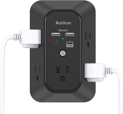 5-Outlet USB Wall Charger Surge Protector with 4 USB Ports (1 USB-C) - 3-Sided Power Strip for Home, Travel & Office - ETL Listed, 1800J Protection