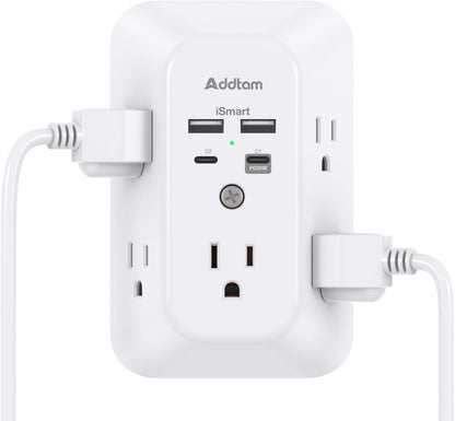 5-Outlet USB Wall Charger Surge Protector with 4 USB Ports (1 USB-C) - 3-Sided Power Strip for Home, Travel & Office - ETL Listed, 1800J Protection