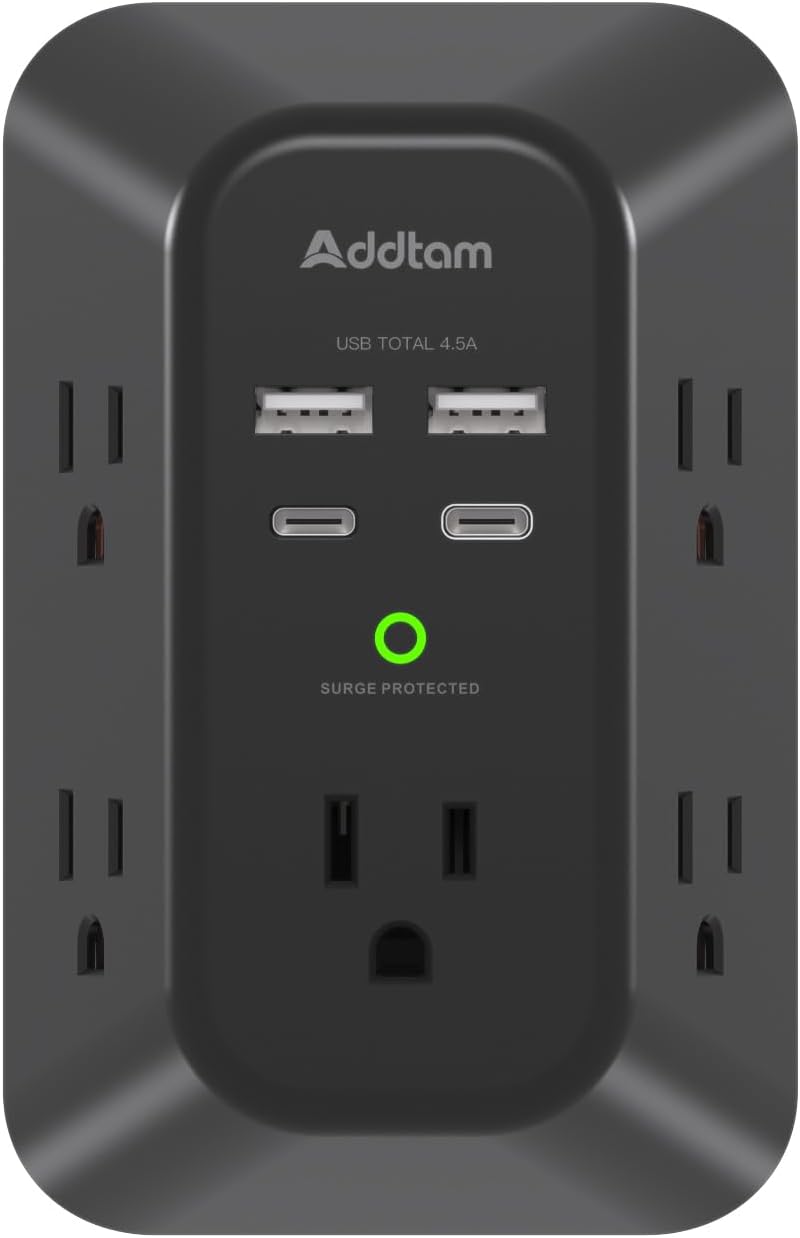 5-Outlet USB Wall Charger Surge Protector with 4 USB Ports (1 USB-C) - 3-Sided Power Strip for Home, Travel & Office - ETL Listed, 1800J Protection