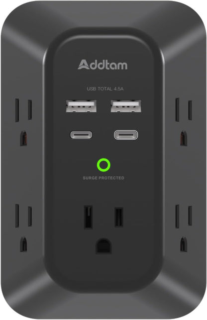 5-Outlet USB Wall Charger Surge Protector with 4 USB Ports (1 USB-C) - 3-Sided Power Strip for Home, Travel & Office - ETL Listed, 1800J Protection