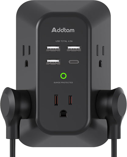 5-Outlet USB Wall Charger Surge Protector with 4 USB Ports (1 USB-C) - 3-Sided Power Strip for Home, Travel & Office - ETL Listed, 1800J Protection
