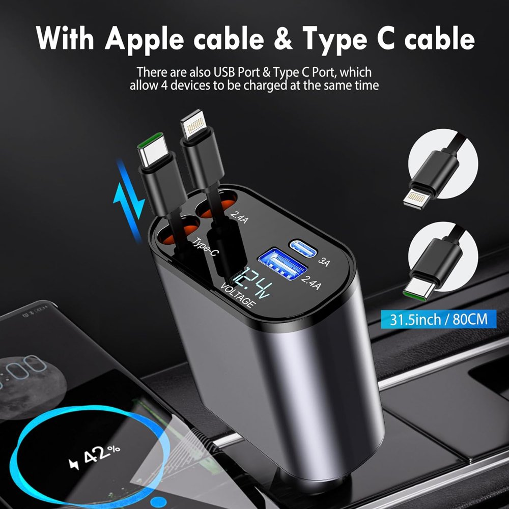 Best Retractable Car Charger with Apple cable & Type C Cables and 2 USB Ports