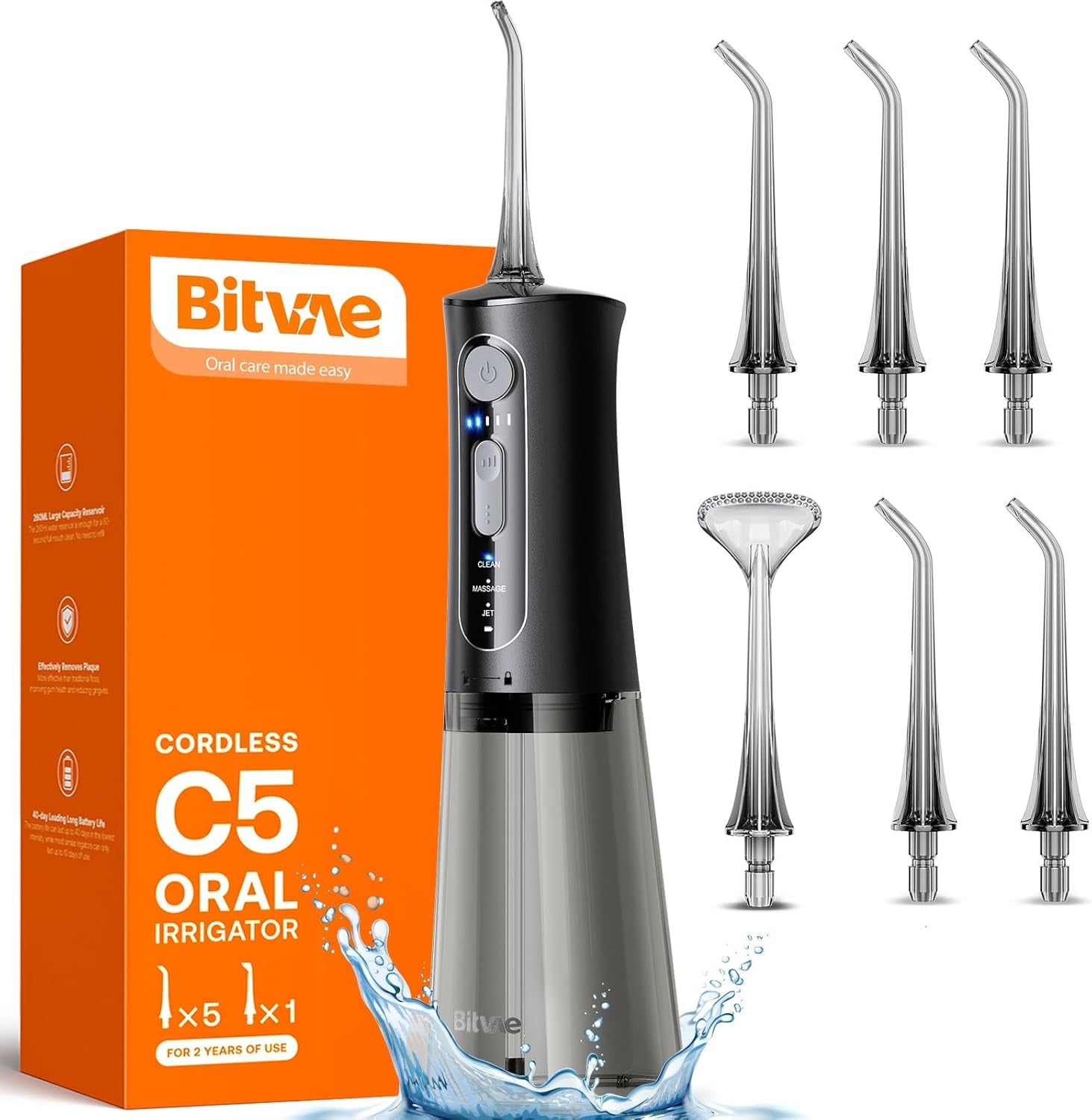 " C5 Cordless Water Dental Flosser - 3 Modes, 5 Intensities, IPX7 Waterproof, Rechargeable with 5 Tips for Ultimate Oral Care!"