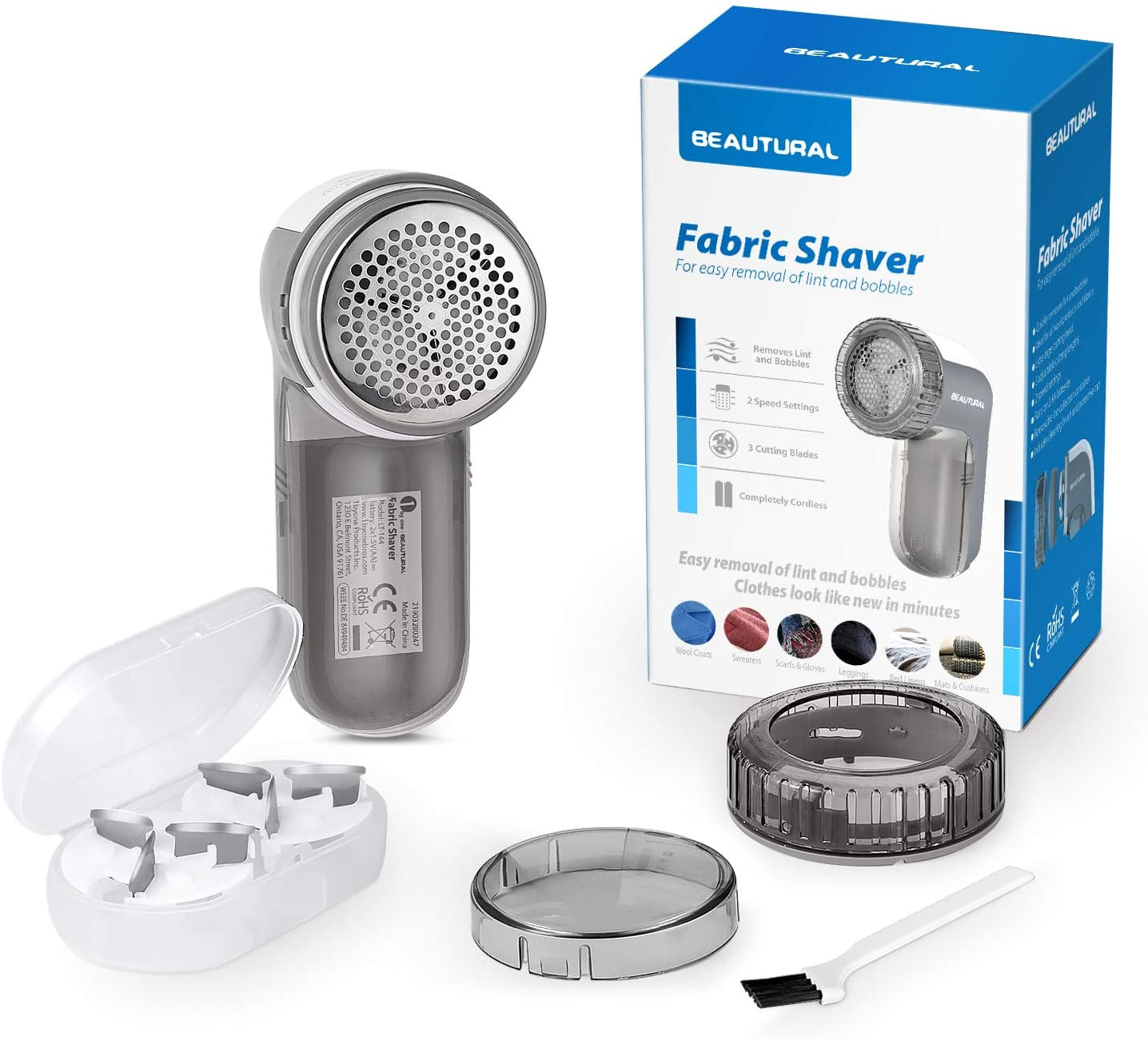 "Effortless Fabric Shaver & Lint Remover – Powerful 2-Speed Defuzzer with Replaceable Stainless Steel Blades – Battery Operated, Sleek Gray Design for Quick Fuzz, Lint, and Pill Removal!"