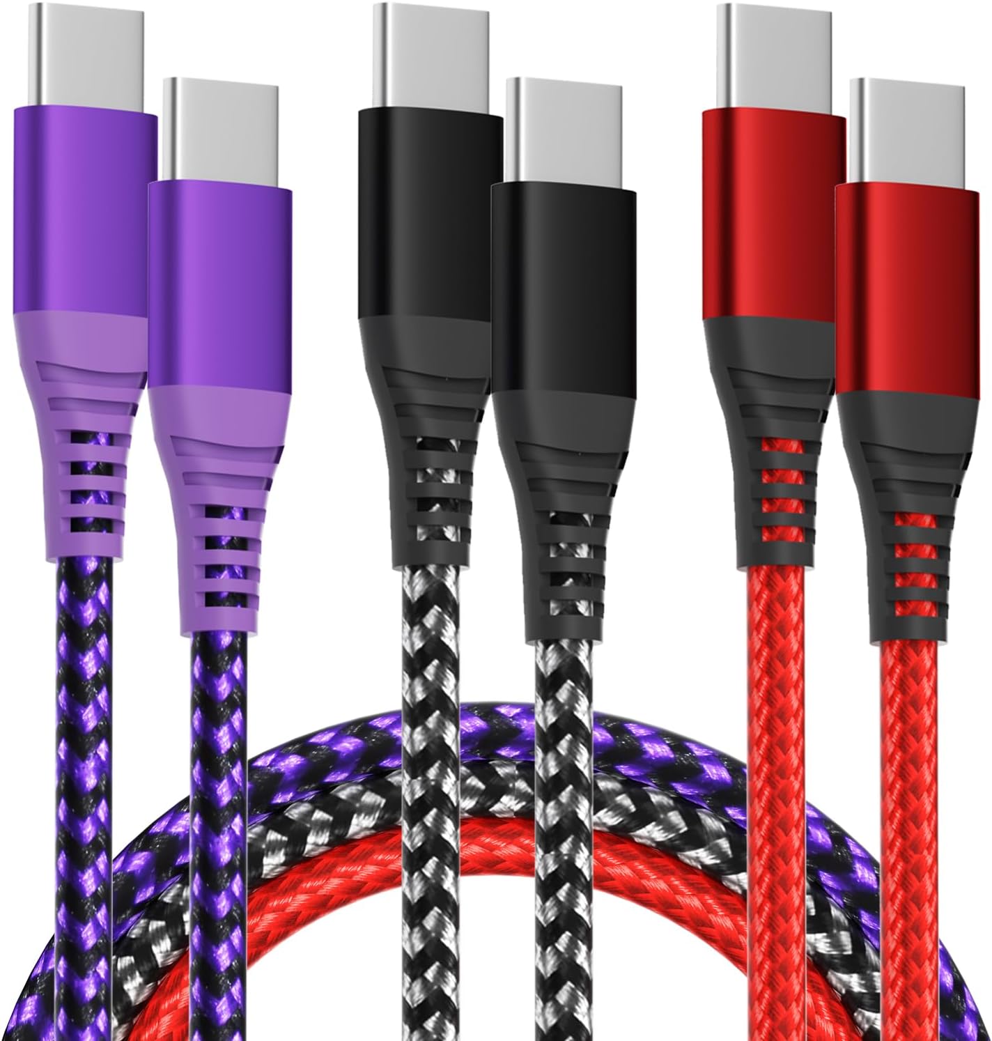 Nylon Braided USB Universal Fast Charger Cable - Multi Charging 3 in 1 Cable - 2 Pack, 4FT - Type C/Micro/Ip Port - Compatible with Most Cell Phones
