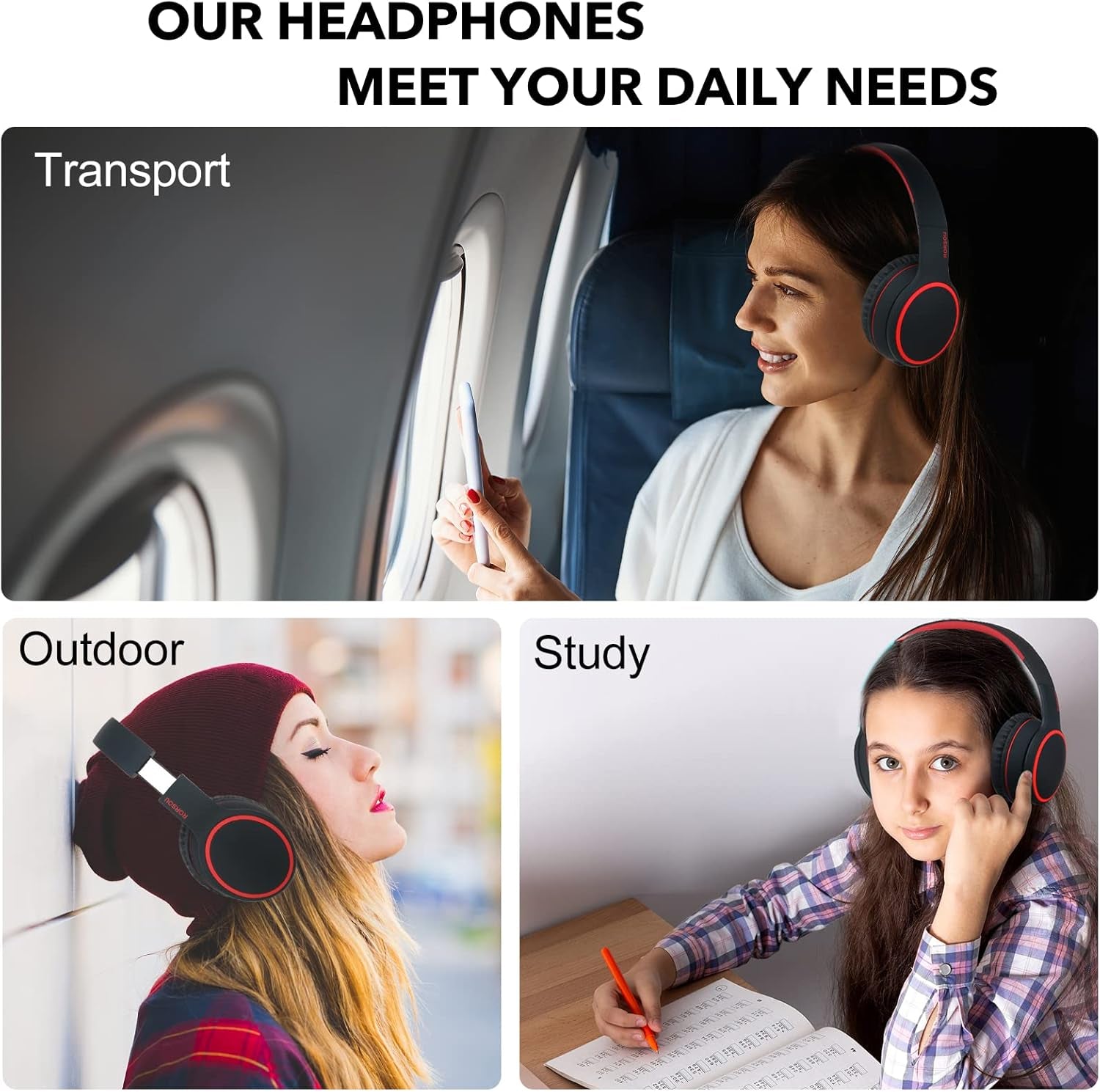 Bluetooth Wireless Headphones - Lightweight Over-Ear Design, 50H Playtime, Stereo Bass, Built-in Mic, Perfect for Travel and PC