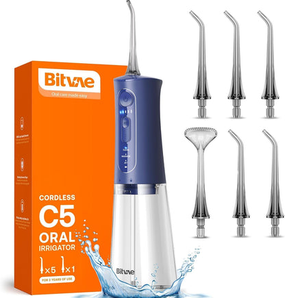 " C5 Cordless Water Dental Flosser - 3 Modes, 5 Intensities, IPX7 Waterproof, Rechargeable with 5 Tips for Ultimate Oral Care!"