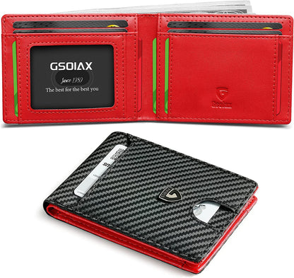 Men's RFID Blocking Slim Bifold Wallet in Genuine Leather with Carbon Fiber Card Holder and Money Clip