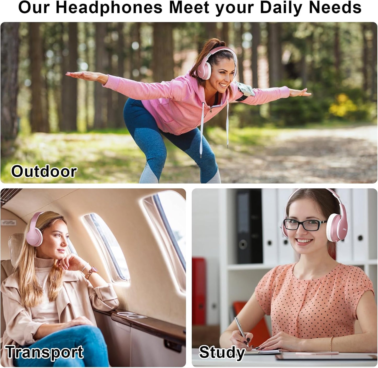 B9 Wireless Over-Ear Headphones - 60 Hours Playtime, Lightweight Hi-Fi Stereo Bass, Bluetooth with Mic & Volume Control - Perfect for iPad, Travel, Tablet & PC (Rose Gold)