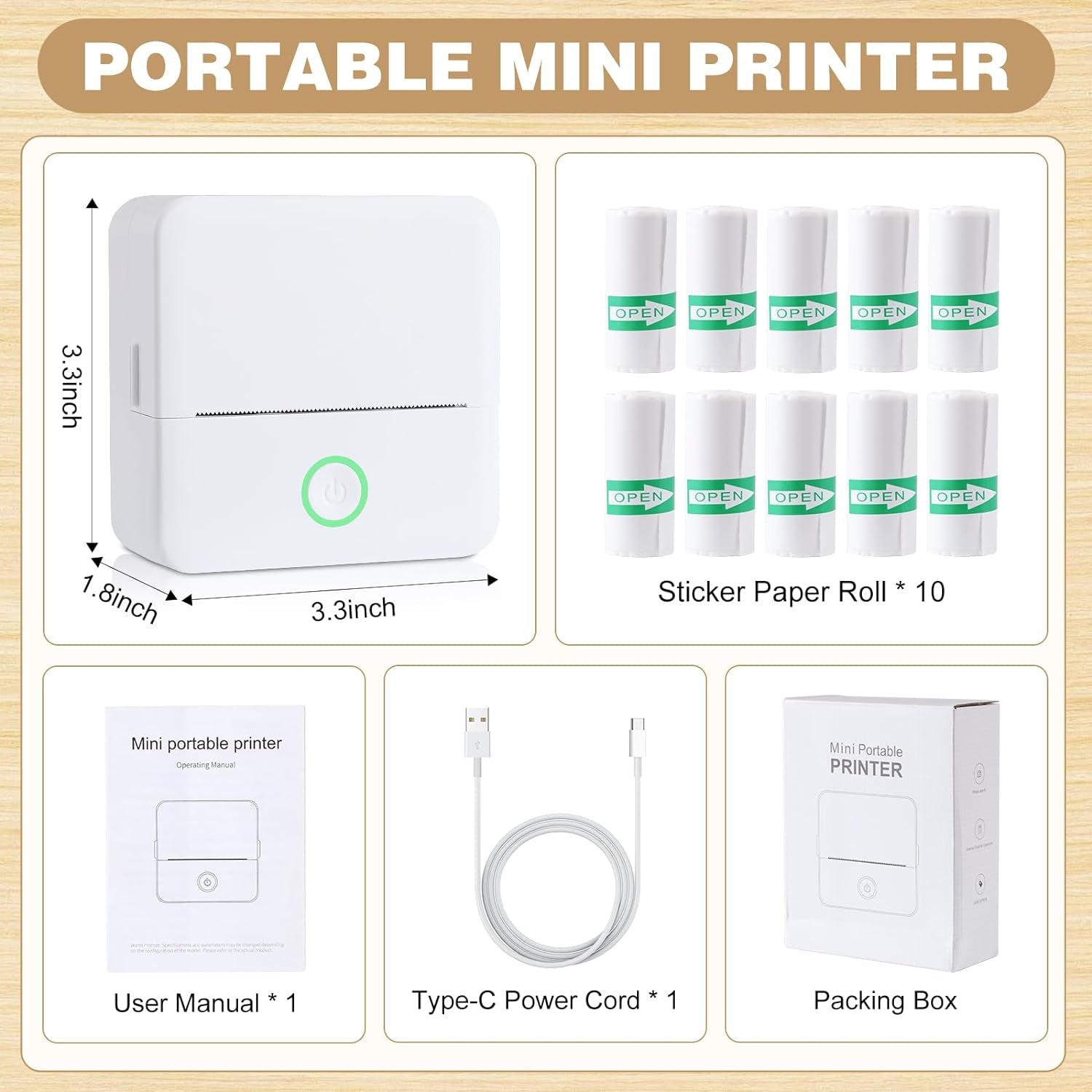 Thermal Mini Printer, Portable Inkless Sticker Maker, Bluetooth Printer for Phone, Wireless Label Printer with Tape, Free Cut Small Pocket Printer for Notes&Children DIY, Compatible with Ios&Android