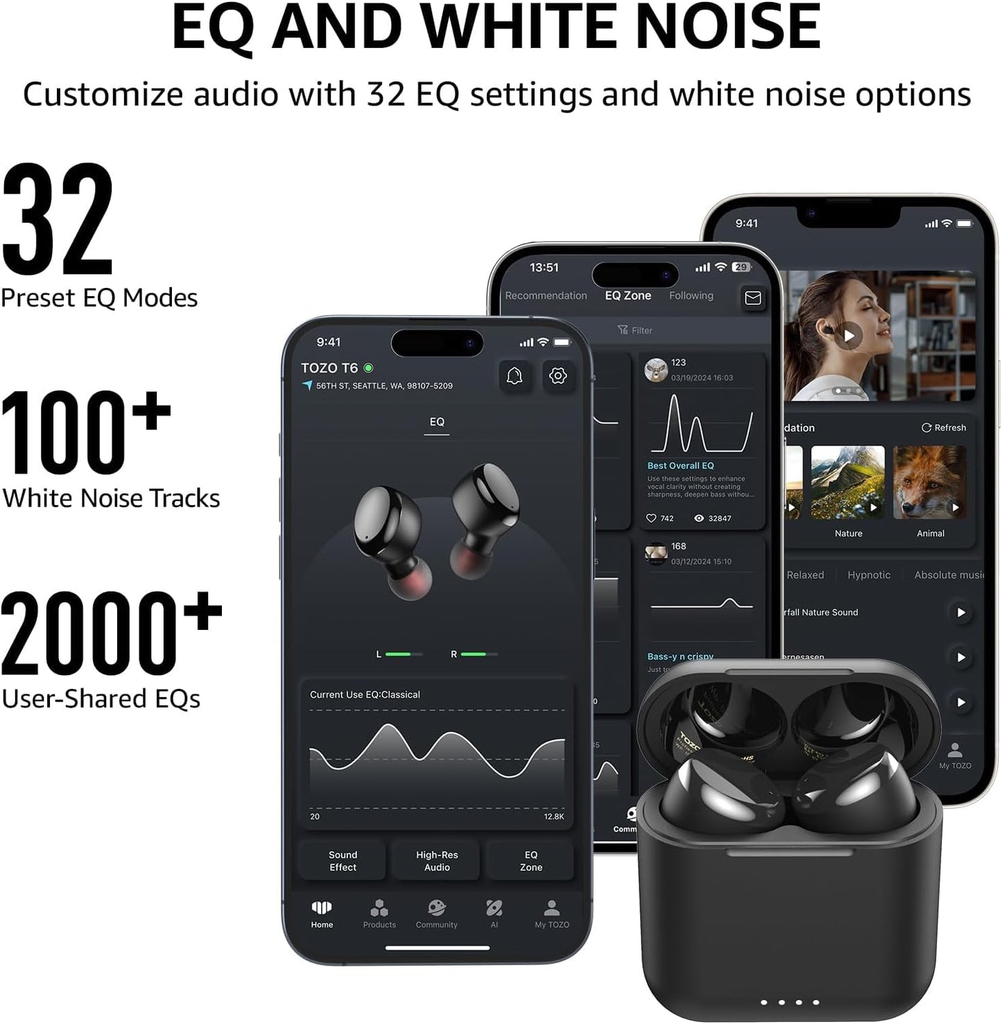 Wireless Earbuds - Bluetooth 5.3, 45H Playtime, IPX8 Waterproof, Deep Bass, Wireless Charging Case, Built-In Mic, 32 EQ Presets via App