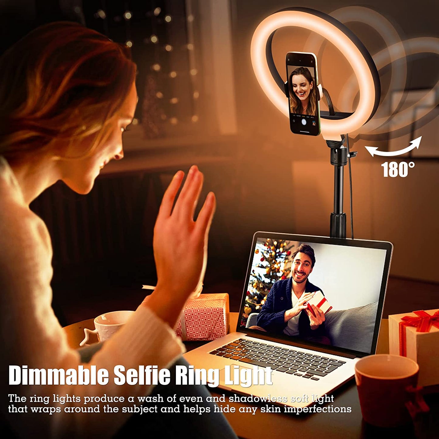 Selfie Ring Light with Stand and Phone Holder, 10'' Dimmable Desktop LED Circle for Laptop,Computer, Lighting Kit Gifts Live Streaming/Laptop Video Conference/Chat/Makeup/Youtube/Tiktok/Vlog