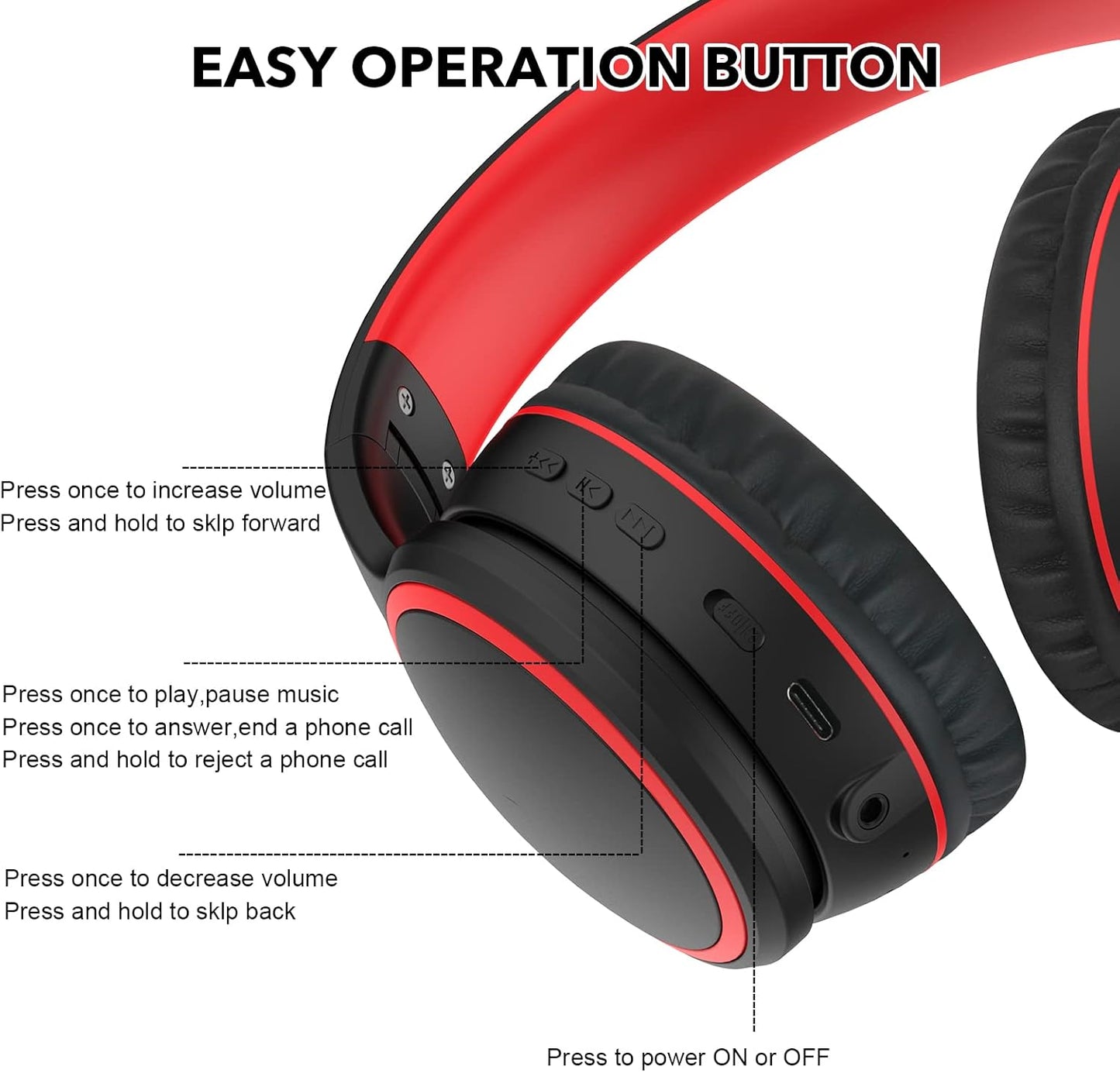 Bluetooth Wireless Headphones - Lightweight Over-Ear Design, 50H Playtime, Stereo Bass, Built-in Mic, Perfect for Travel and PC