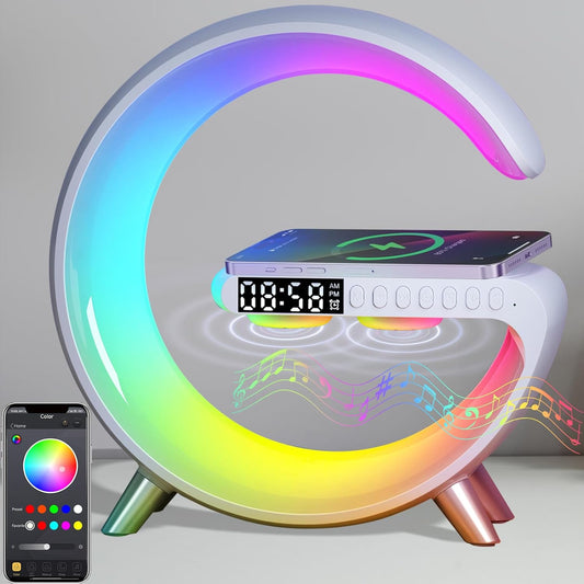 Table Night Light Lamp with App Control Bluetooth Speaker, Sunrise Alarm Clock, Wireless Charger, Night Light Lamp for Bedroom