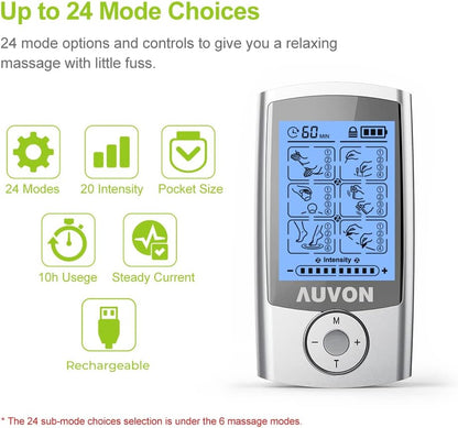 Muscle Stimulator with 8 Premium Electrode Pads for Ultimate Pain Relief - 24 Modes - 4th Gen Rechargeable TENS Unit