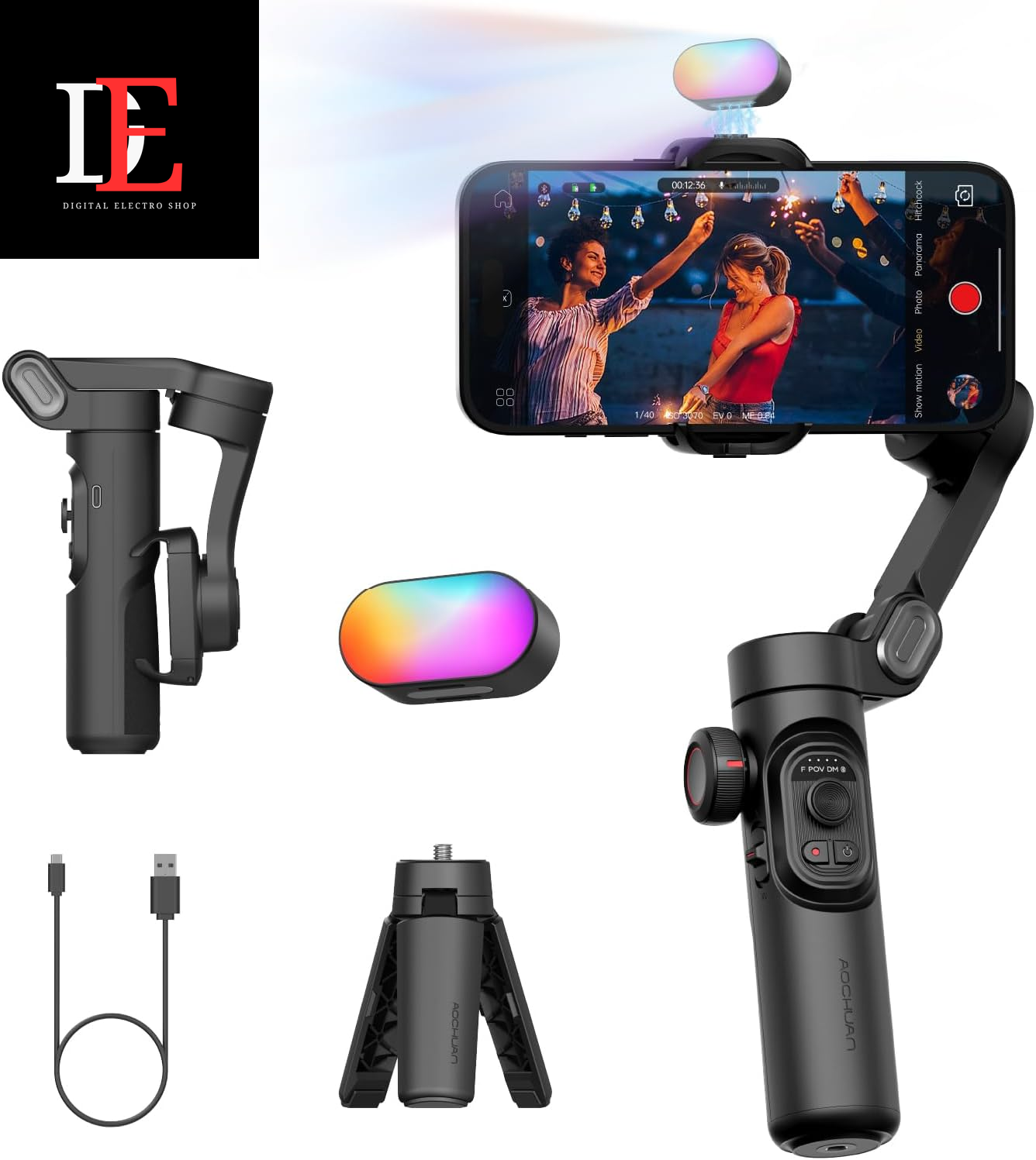 Smartphone Gimbal Stabilizer with RGB Magnetic Fill Light, Face Tracking, and Foldable Design - Compatible with iPhone and Android for Vlog Recording"