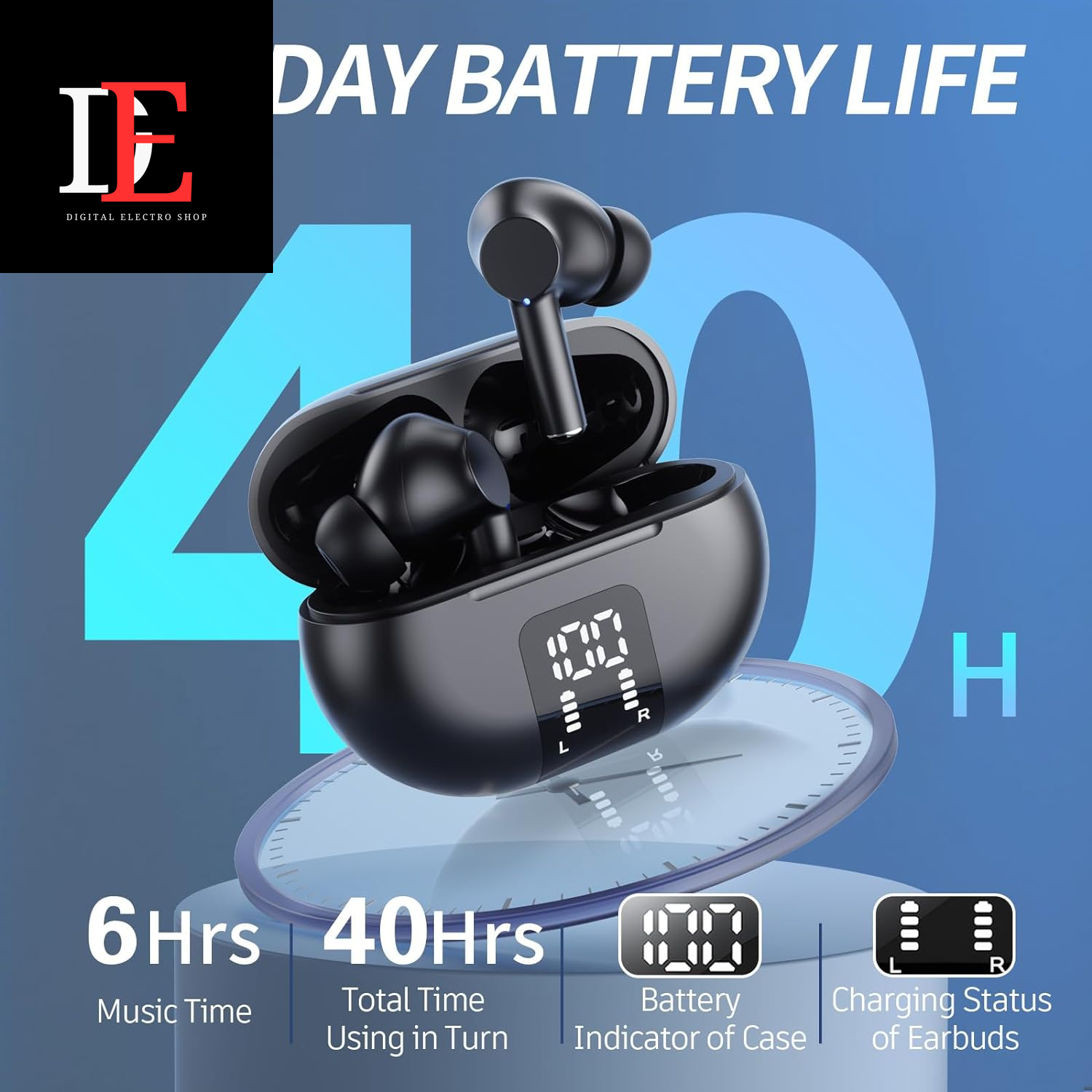 Wireless Earbuds with Bluetooth 5.3, 40H Playtime, LED Display, HiFi Stereo Sound, Waterproof