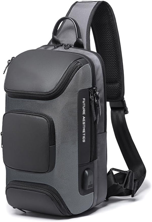  Men's Crossbody Sling Backpack for Casual Daypack with External USB port with built-in charging cable,use it to connect the power bank on Shoulder Rucksack.